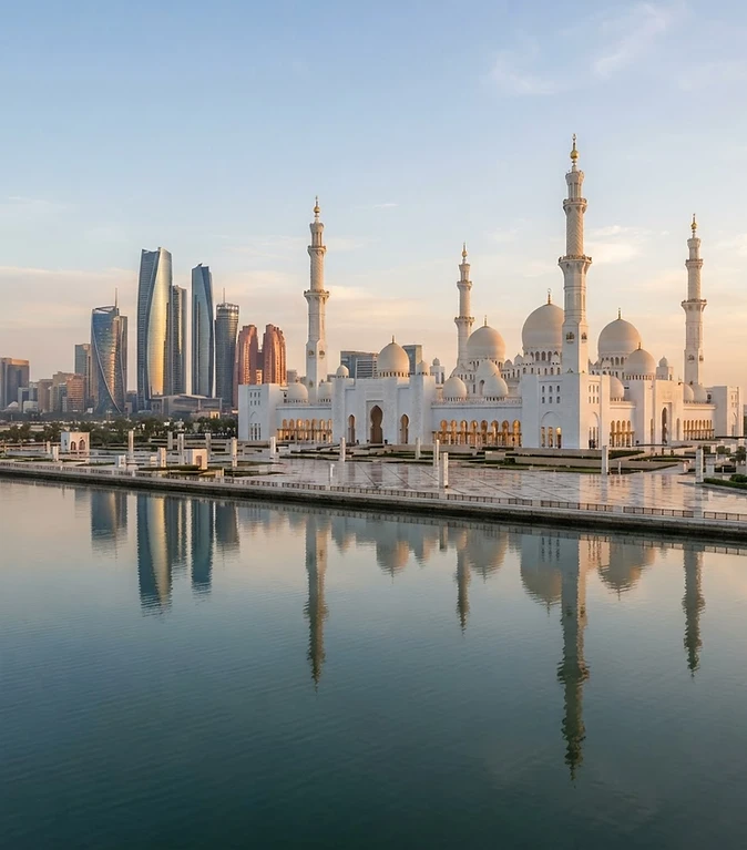Sheikh Zayed Grand Mosque and the Abu Dhabi skyline at dawn