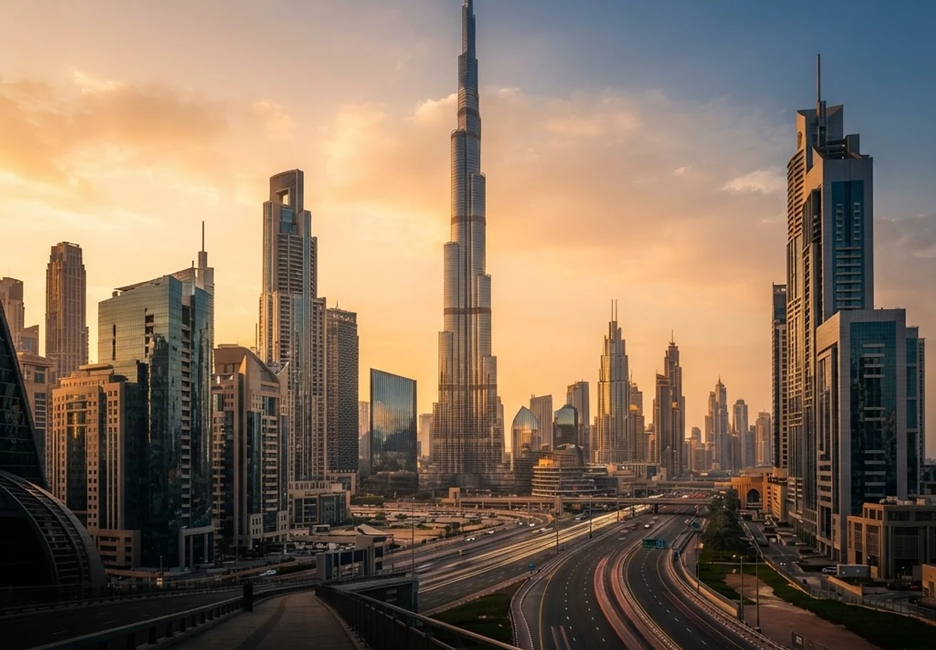 Dubai skyline at golden hour with the Burj Khalifa